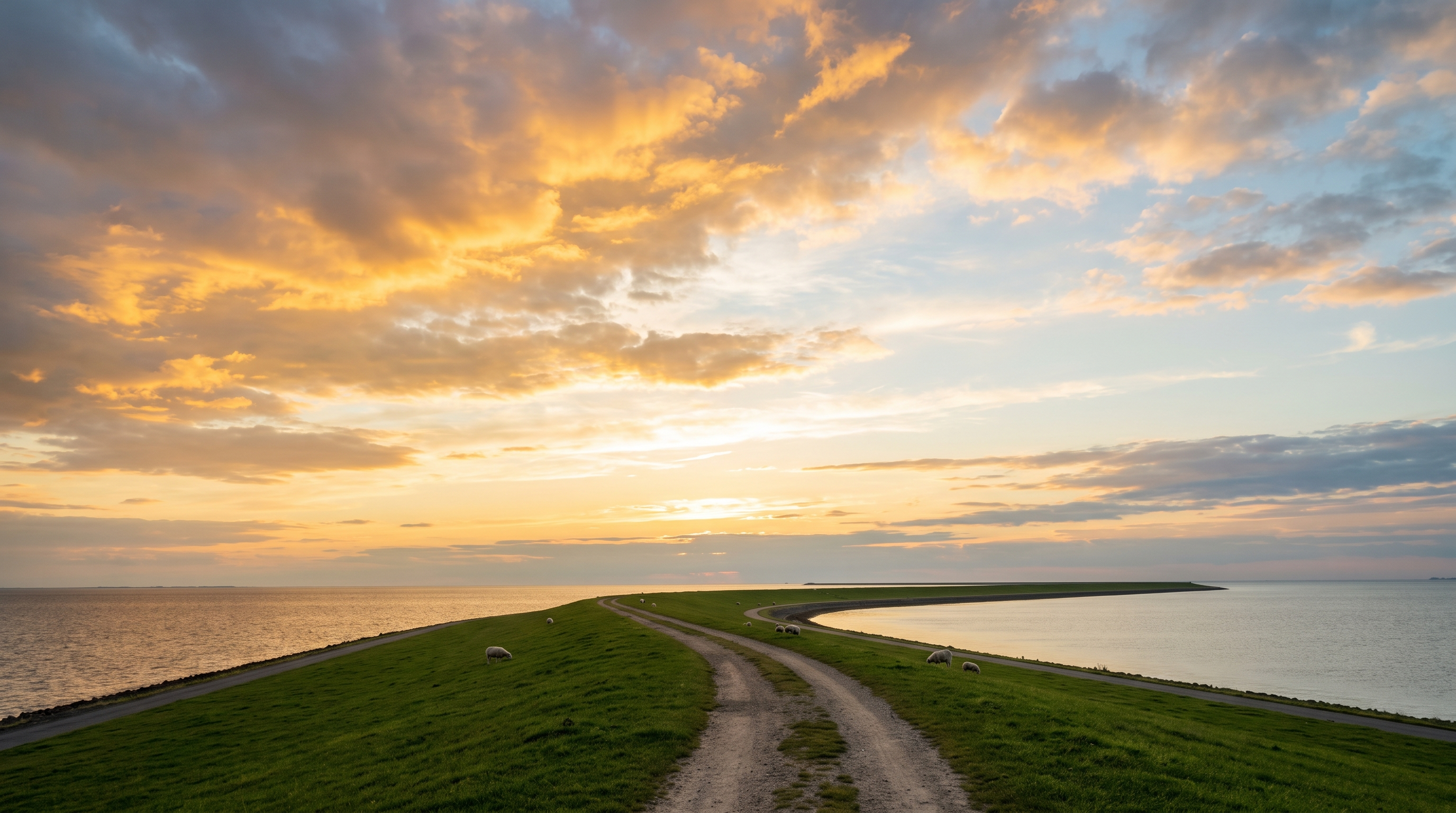 Deichweg zum Meer in Ostfriesland im Abendlicht